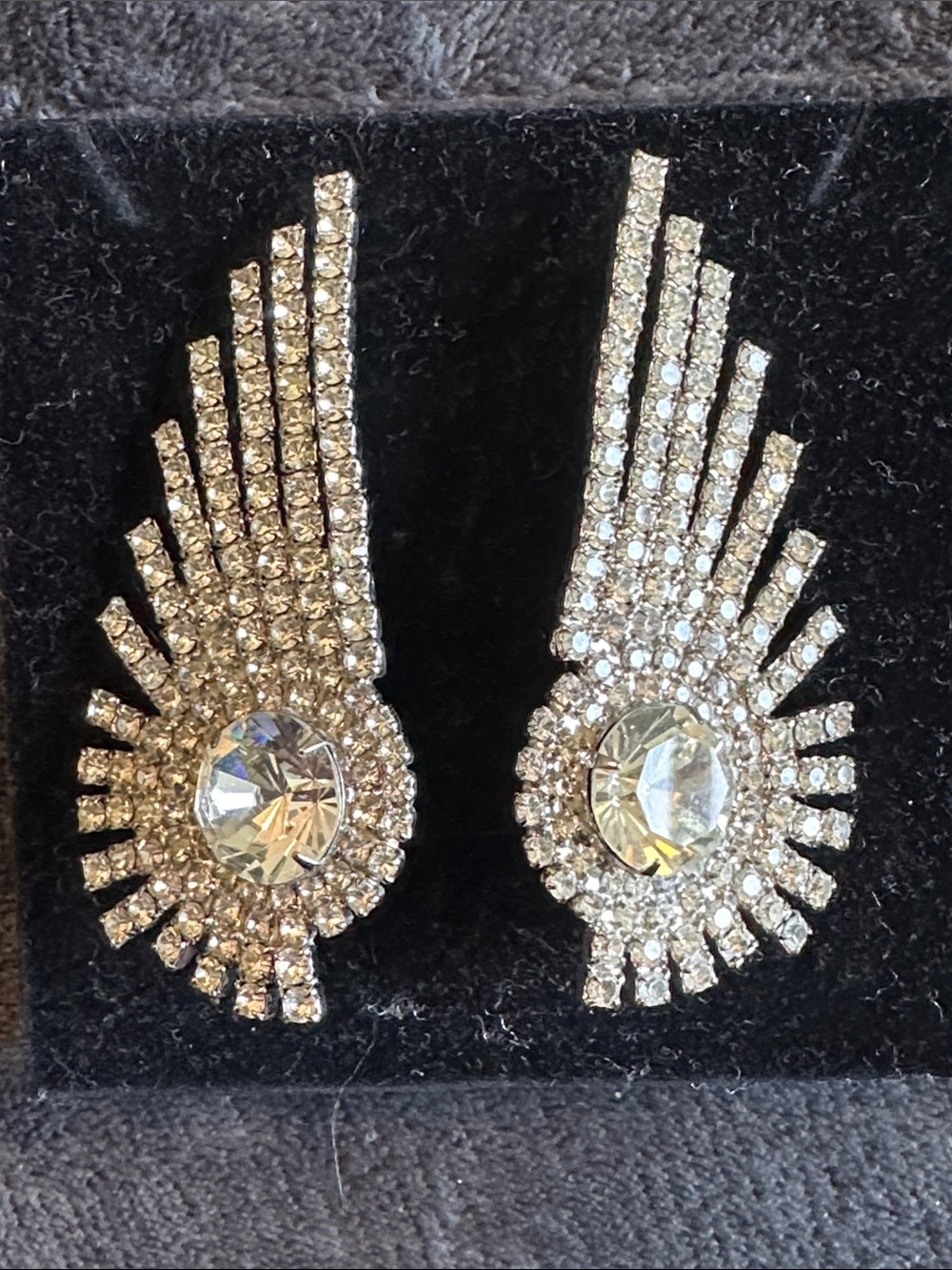 Crystal Sunburst Rhinestone Wing Earrings - Silver Tone